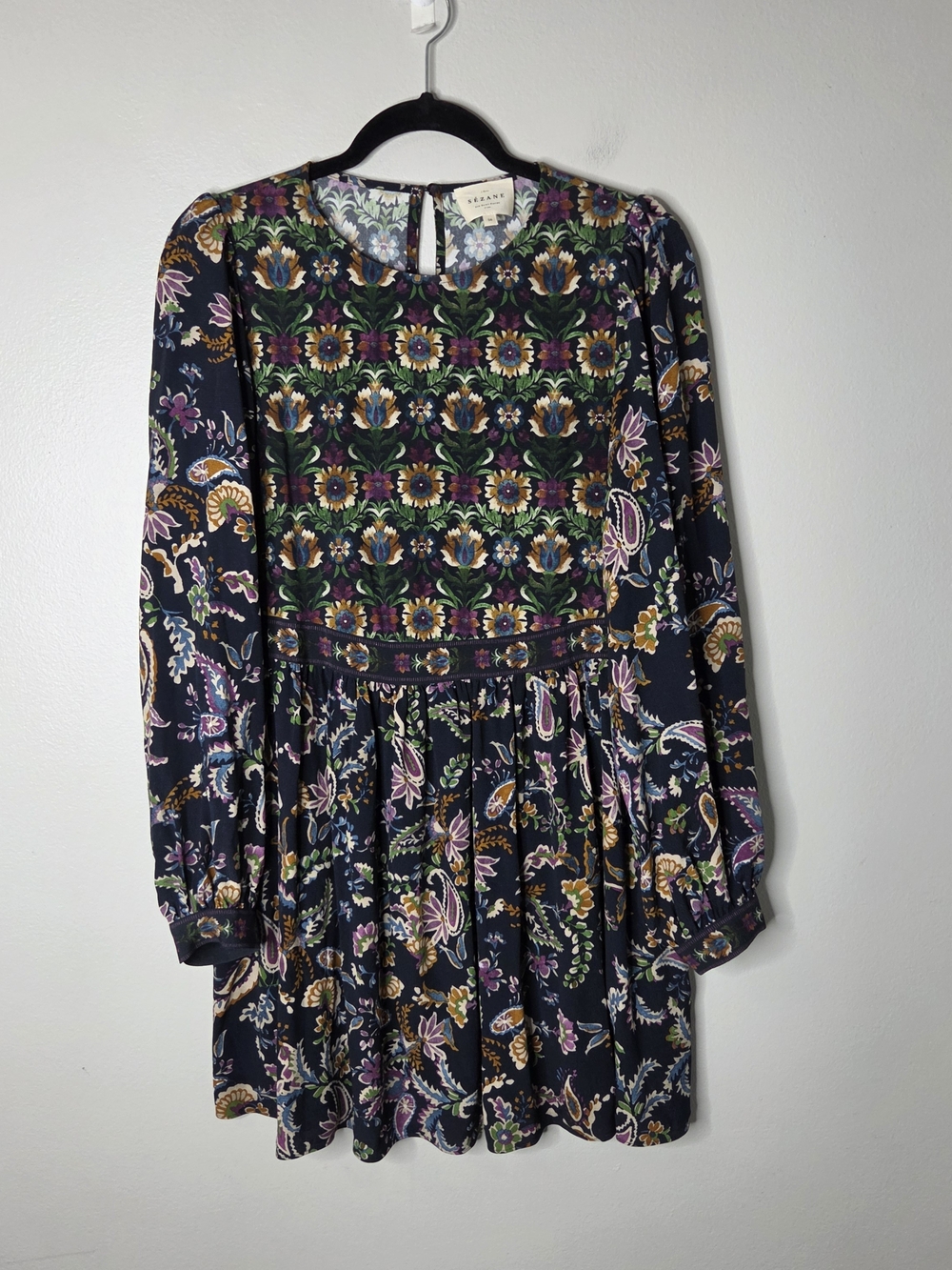 Sezane Andrea Shift Dress Navy Floral & Paisley Long Sleeve